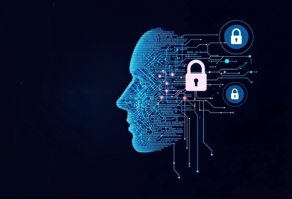 A profile silhouette of a human head made of blue digital circuit patterns and binary code, connected to glowing white and blue padlock icons representing data security.