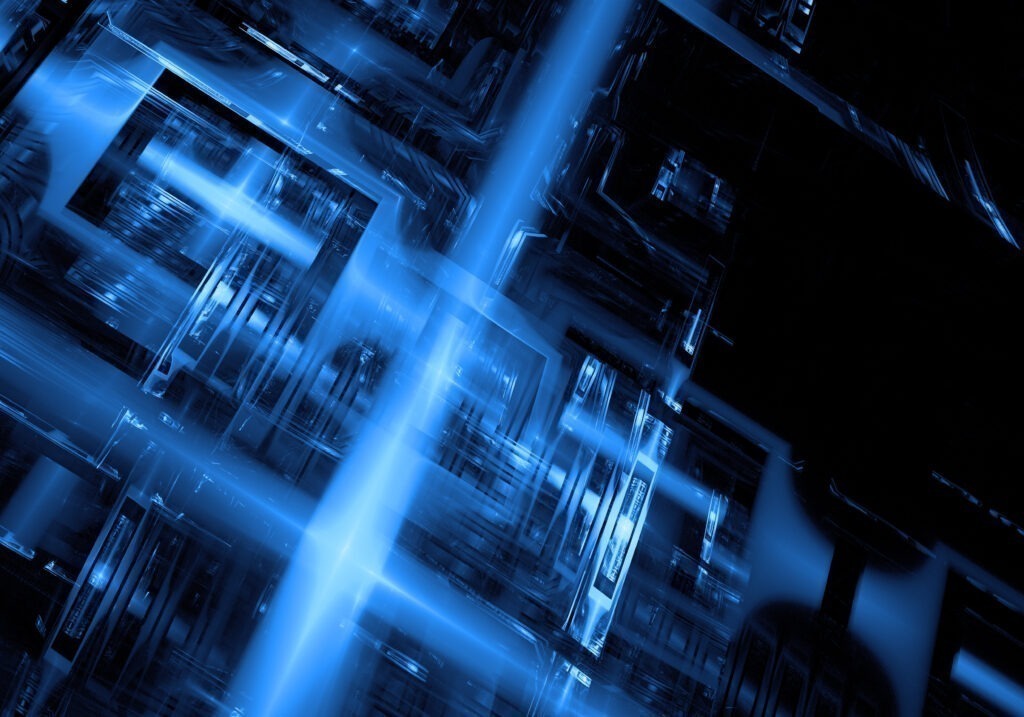 A complex abstract digital landscape featuring glowing blue geometric structures, intersecting beams of light, and layered data patterns against a dark background.