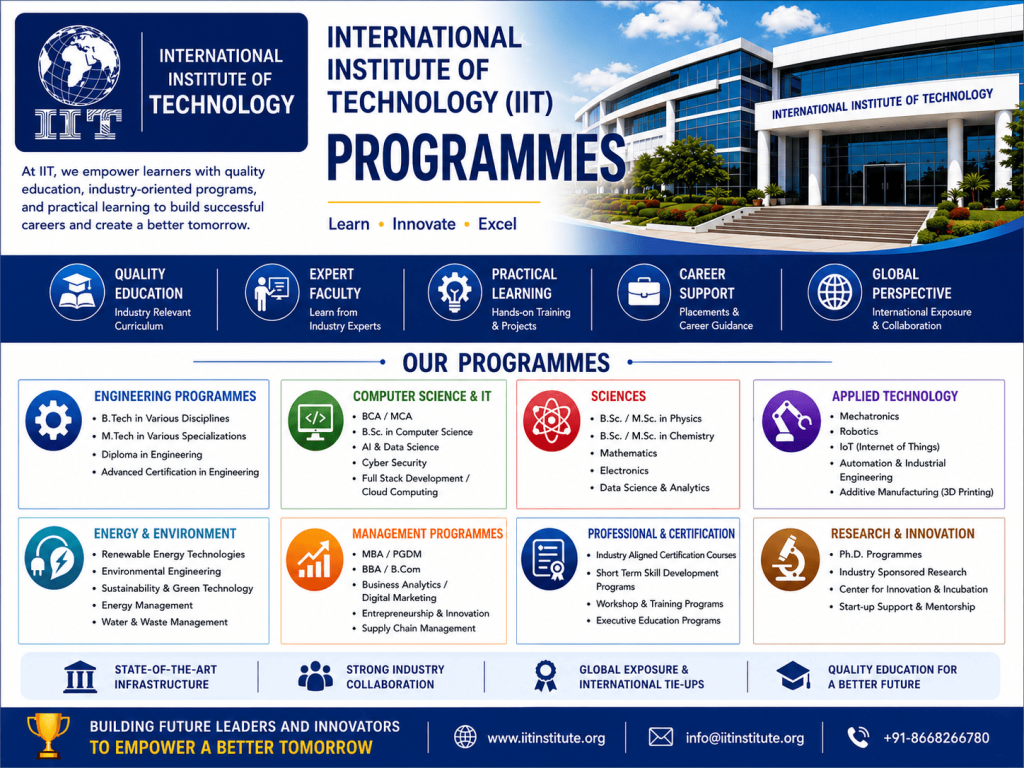 An informational banner displaying programmes offered by the International Institute of Technology (IIT), featuring academic categories like Engineering, Computer Science & IT, Sciences, Applied Technology, Energy & Environment, Management Programmes, Professional & Certification, and Research & Innovation.